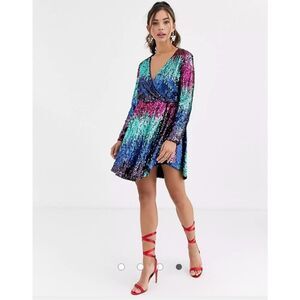 Collective The Label Ombre Sequin Long Sleeve Fuchsia & Teal Mini Dress Women's